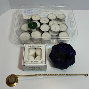 Tea Lights & Votives Bundle of Candles plus brass snuffer and votive holder